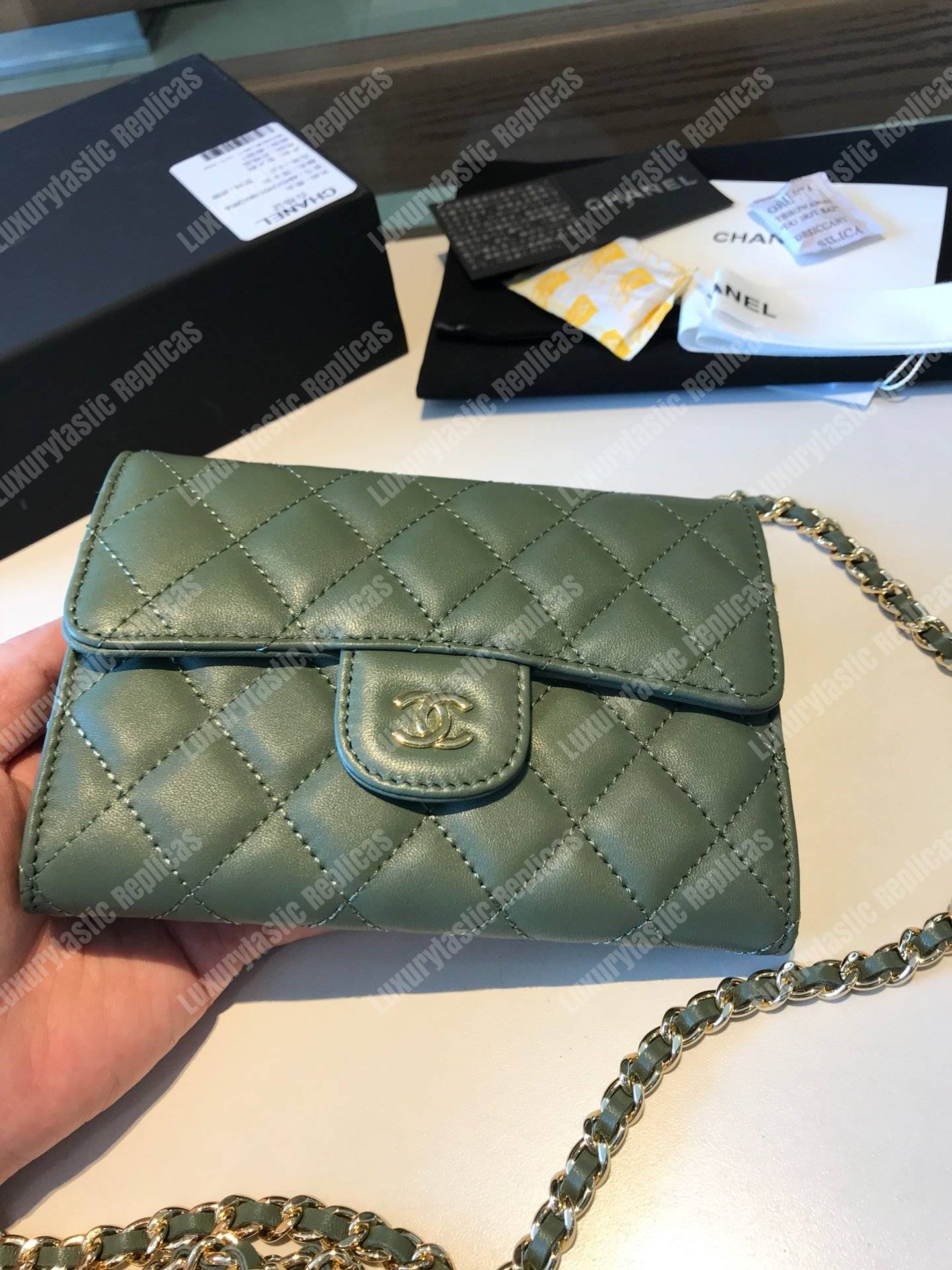 Ch*el classic clutch with chain – cwc lambskin pistachio silver-toned