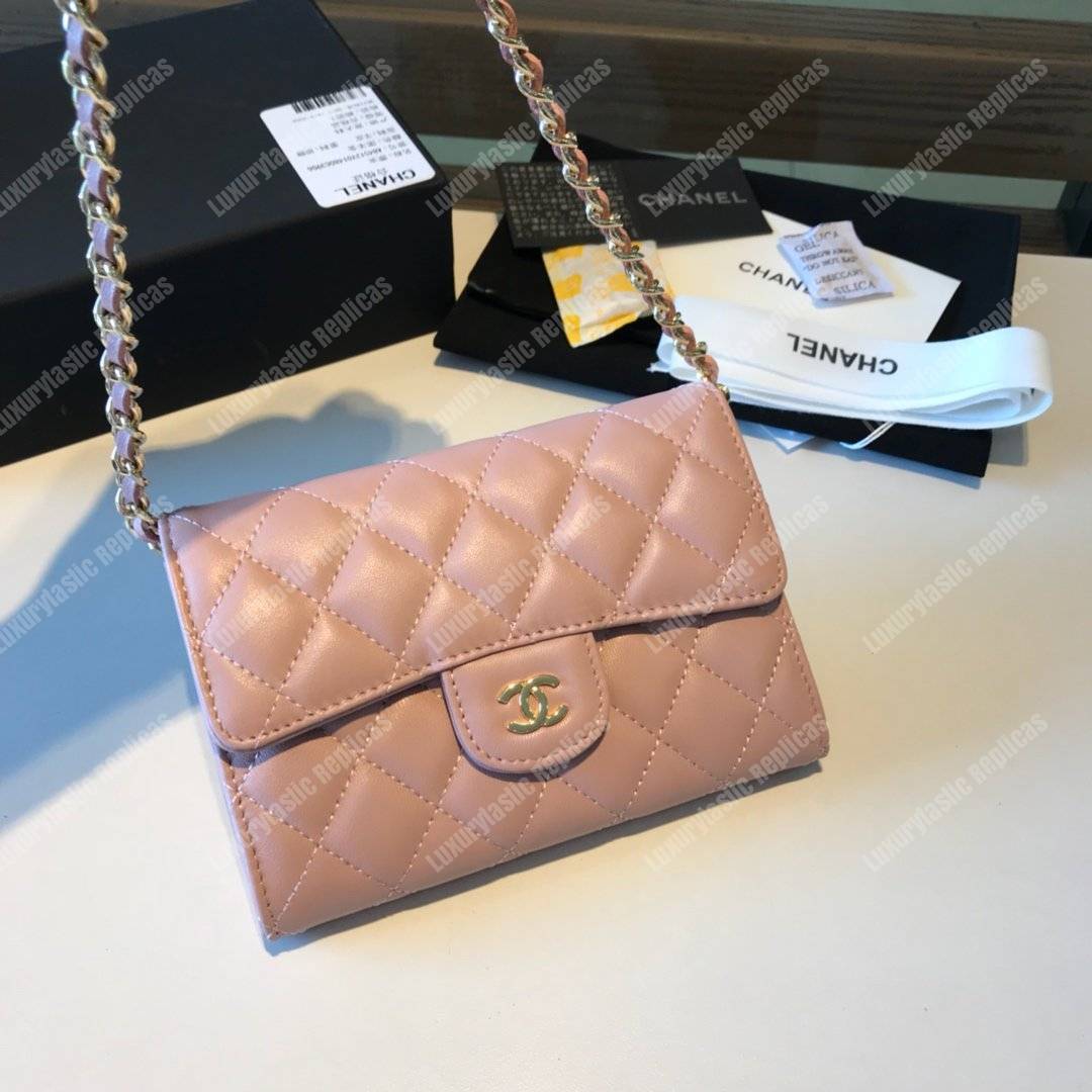 Ch*el classic clutch with chain – cwc lambskin light pink silver-toned
