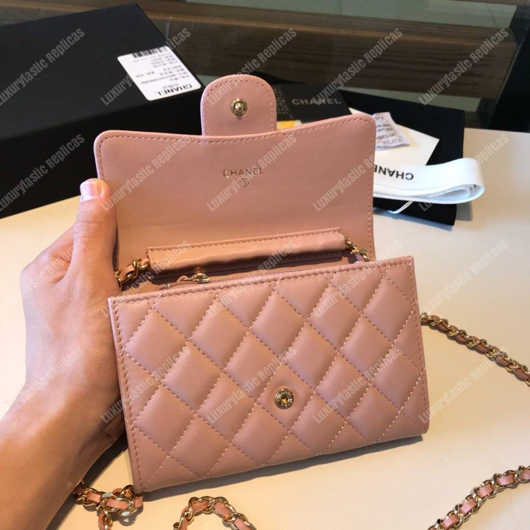Ch*el classic clutch with chain – cwc lambskin light pink silver-toned