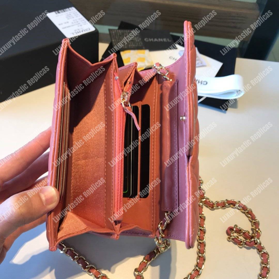 Ch*el classic clutch with chain – cwc lambskin peach silver-toned