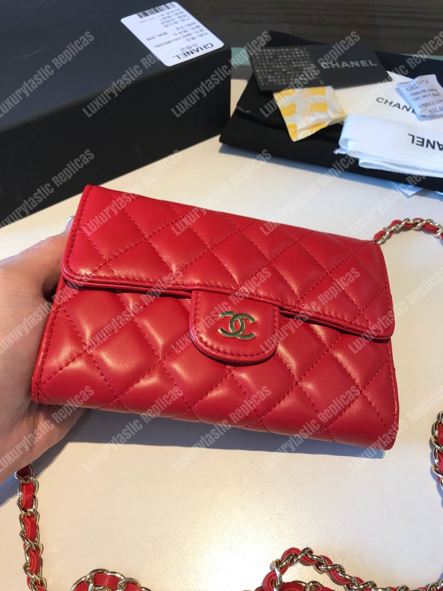 Ch*el classic clutch with chain – cwc lambskin red silver-toned