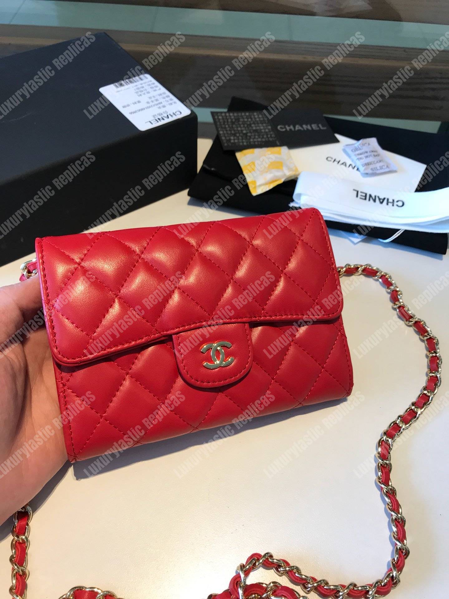 Ch*el classic clutch with chain – cwc lambskin red silver-toned