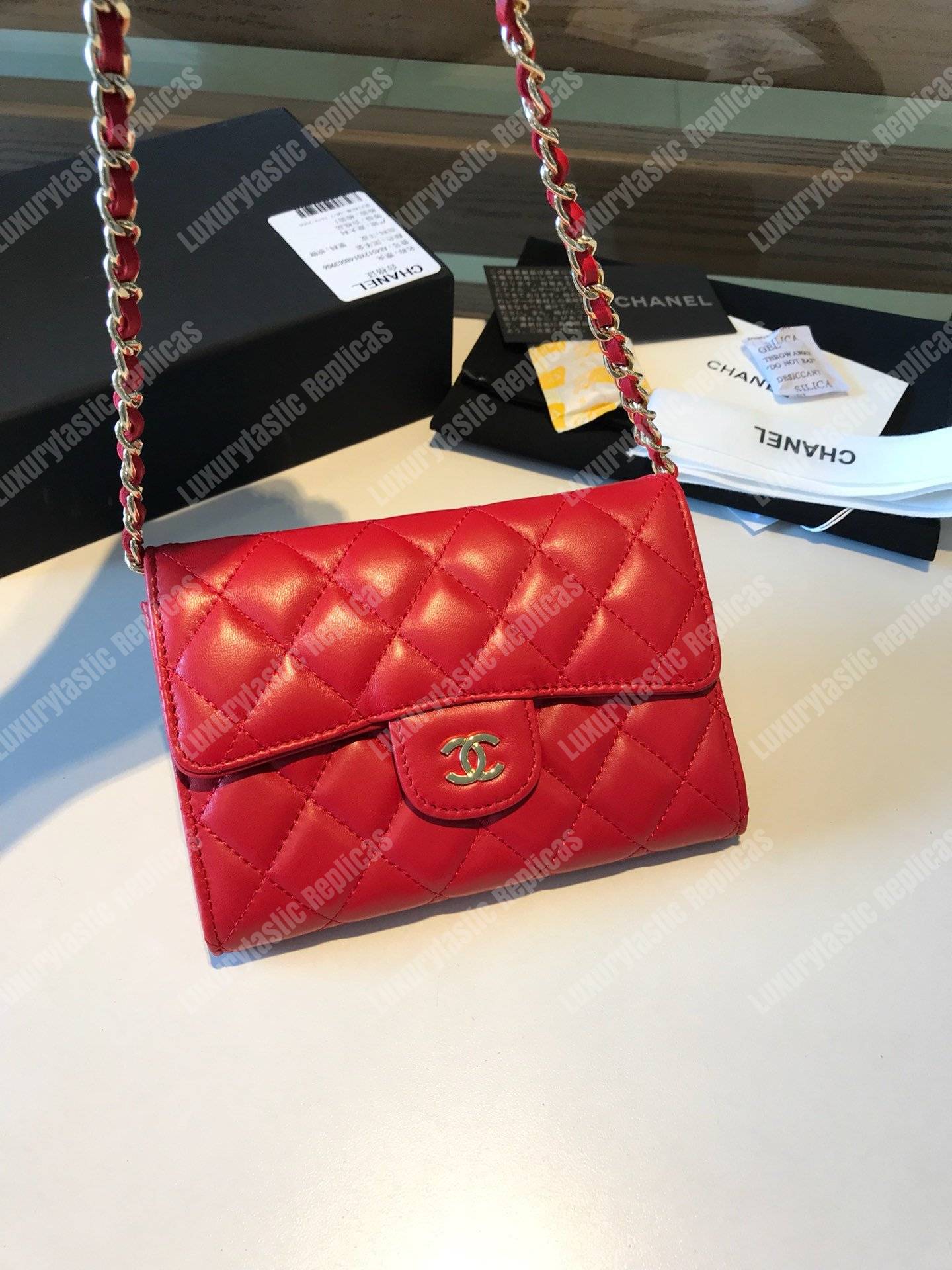 Ch*el classic clutch with chain – cwc lambskin red silver-toned