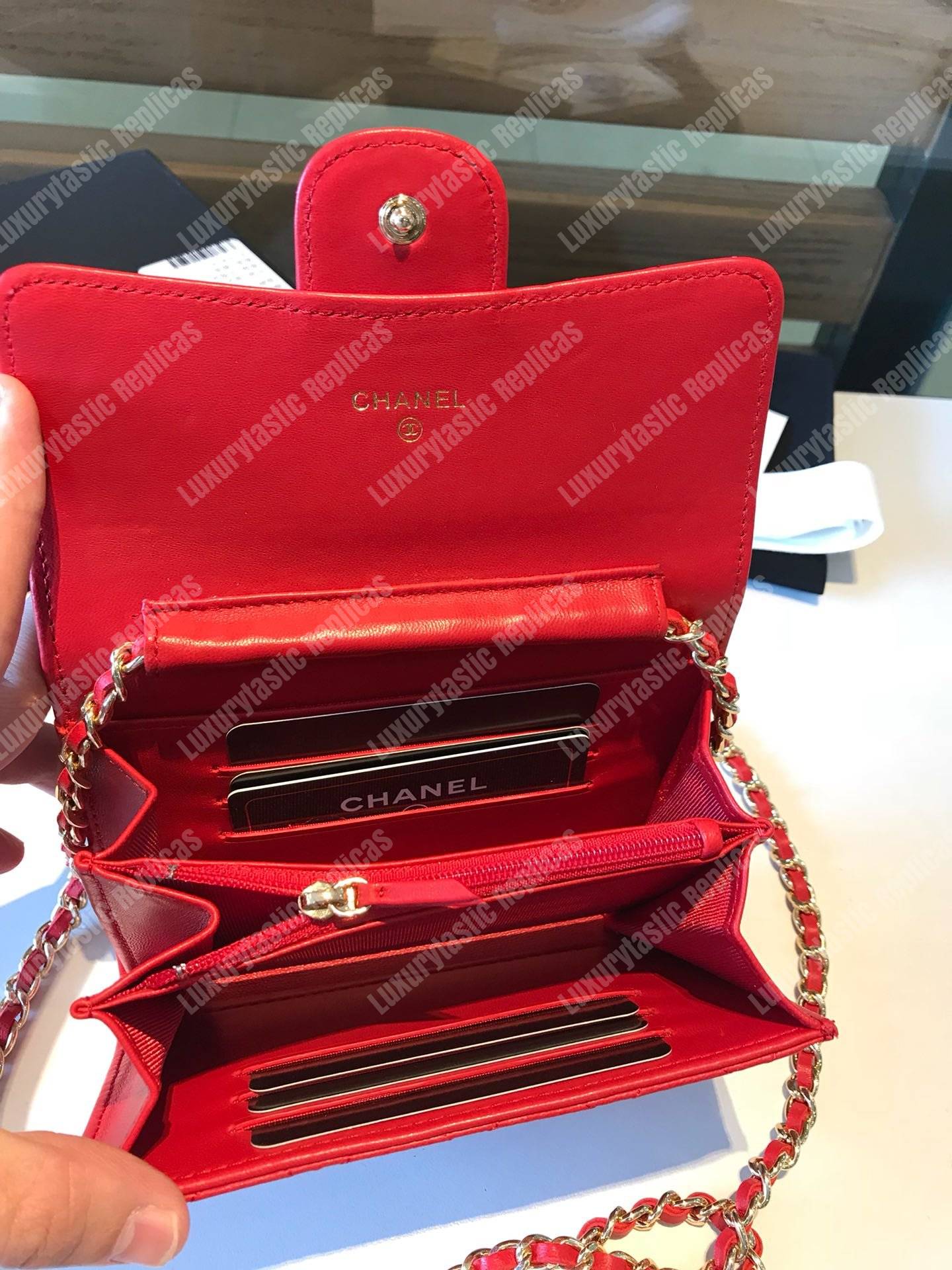 Ch*el classic clutch with chain – cwc lambskin red silver-toned
