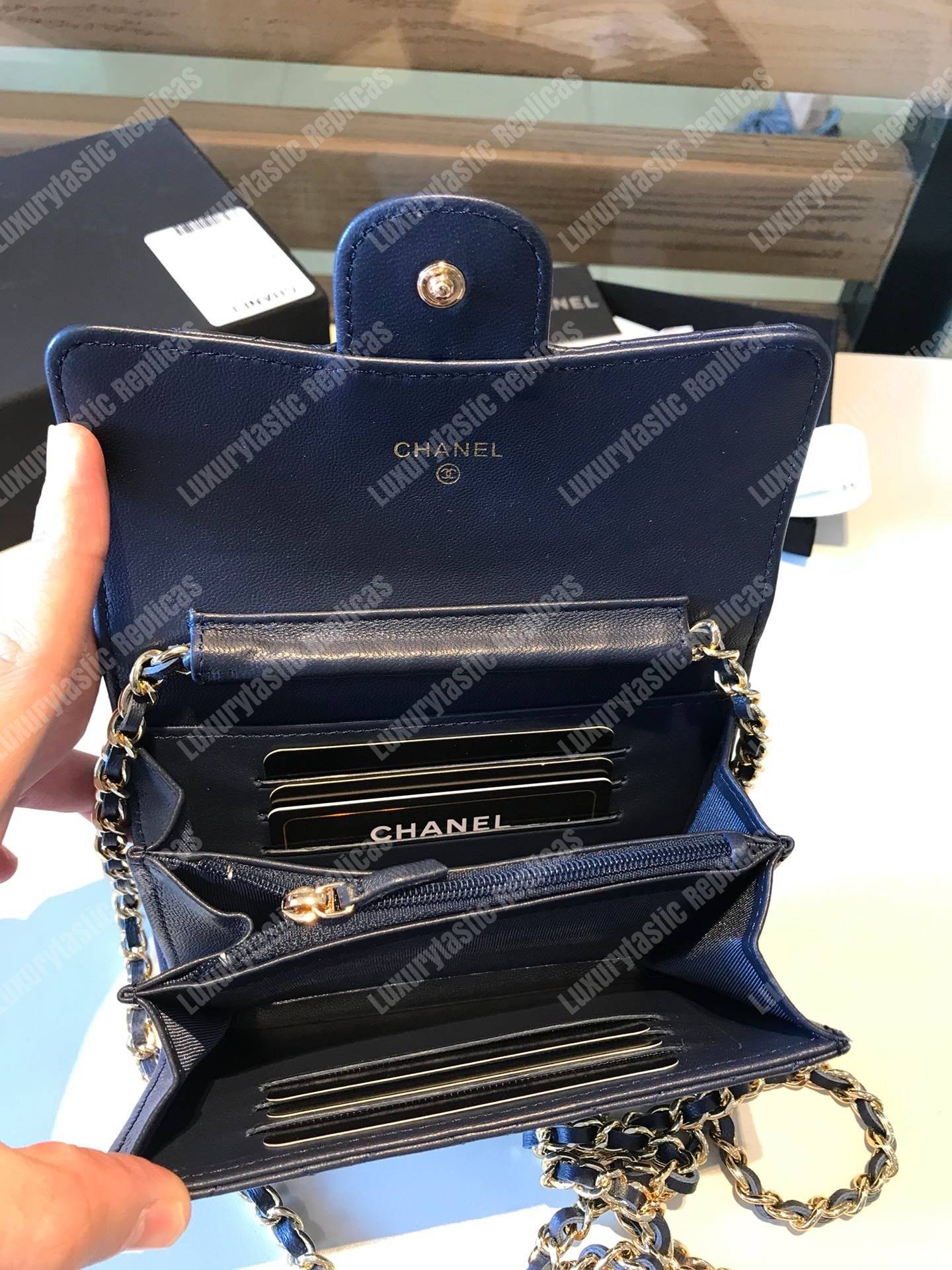 Ch*el classic clutch with chain – cwc lambskin blue silver-toned