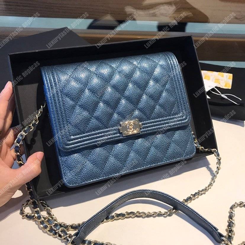 Ch*el boy square clutch with chain – cwc grained calfskin blue