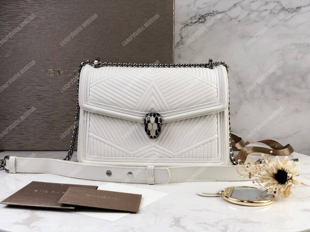 BVL Serpenti Diamond Blast Shoulder Bag White With Silver Hardware