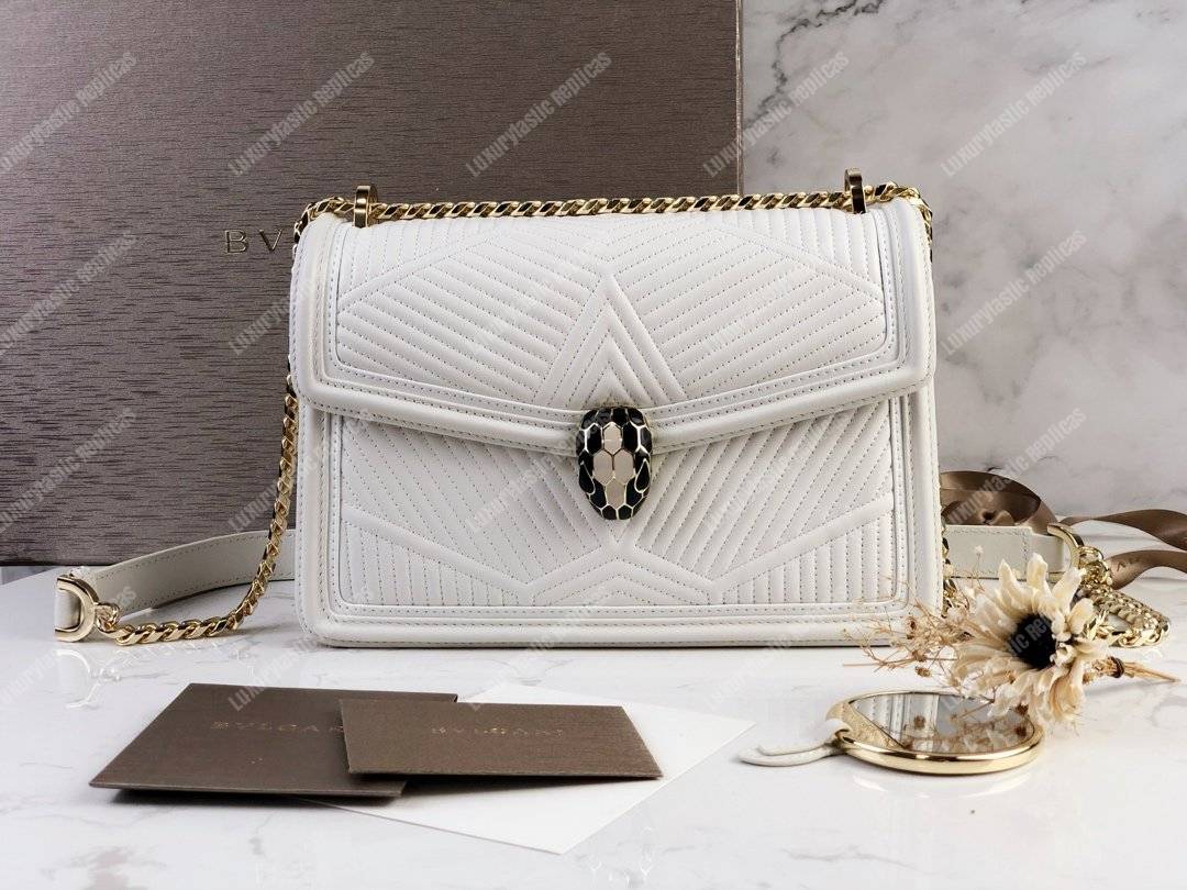 BVL Serpenti Diamond Blast Shoulder Bag White With Gold Hardware