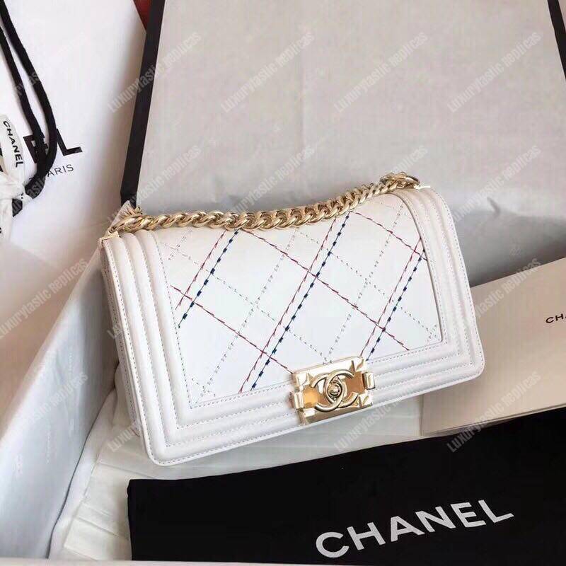 Ch*el medium boy handbag white