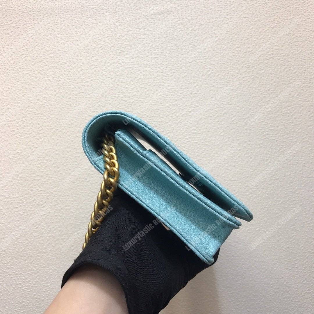 Ch*el le boy wallet on chain – woc grained calfskin gold-toned light blue