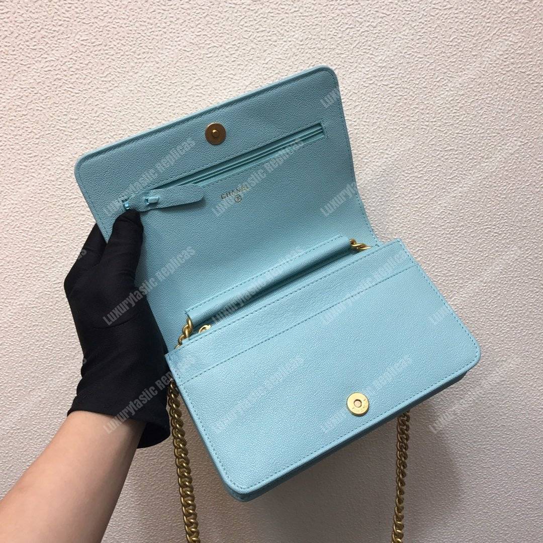 Ch*el le boy wallet on chain – woc grained calfskin gold-toned light blue
