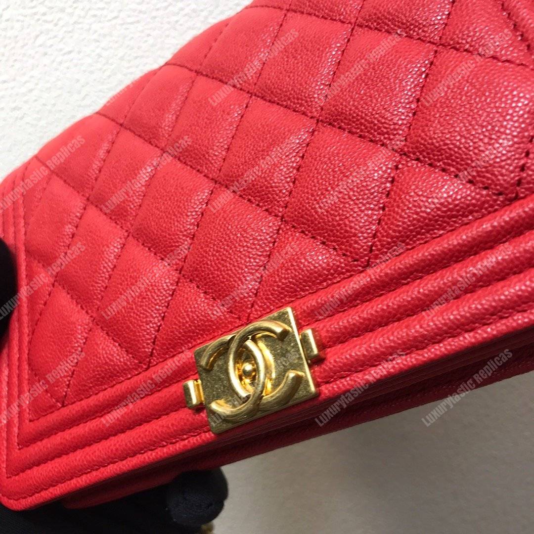 Ch*el le boy wallet on chain – woc grained calfskin gold-toned red