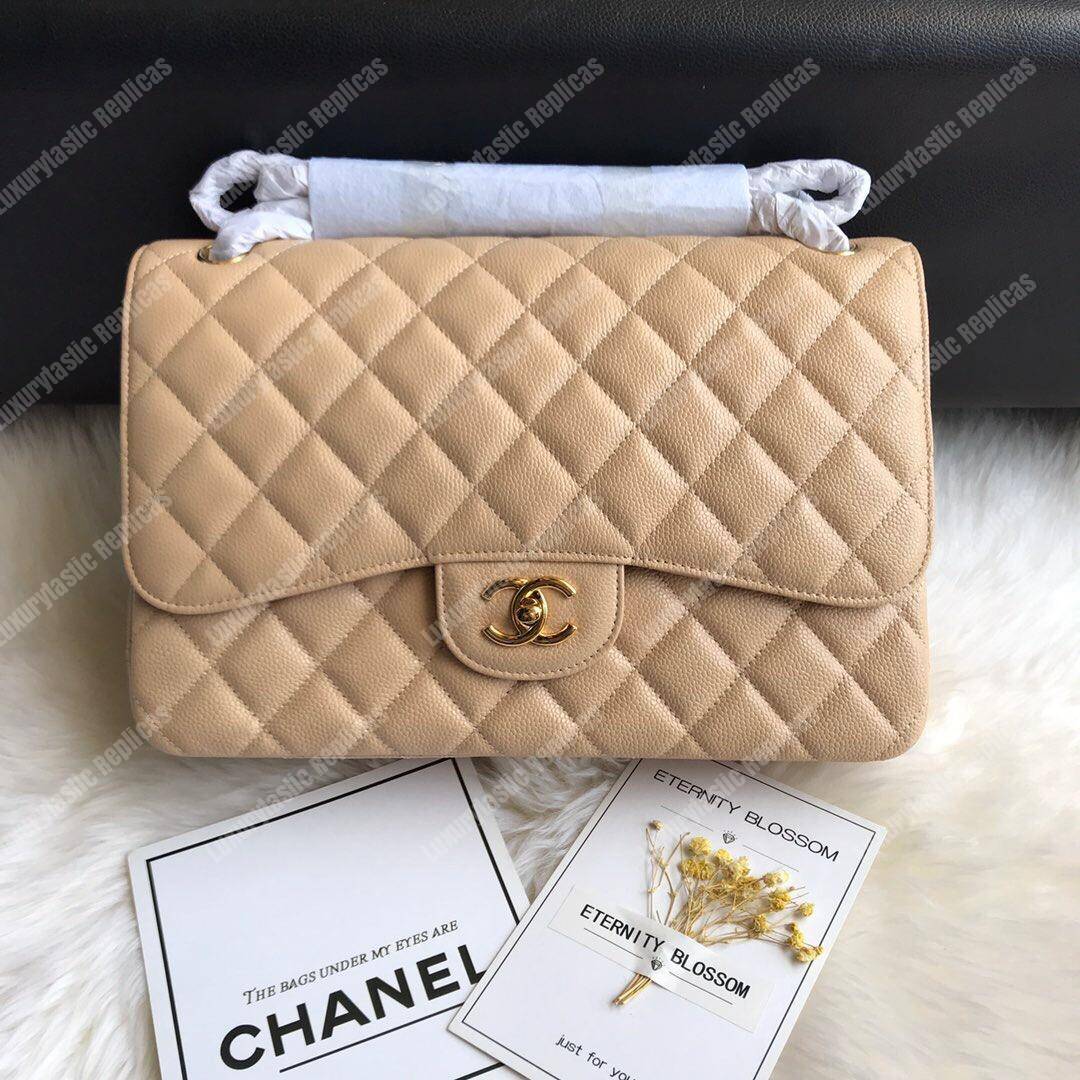 Ch*el large classic handbag beige