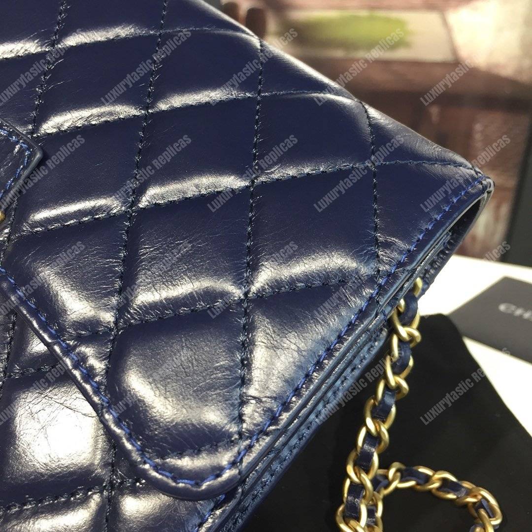 Ch*el wallet on chain – woc golden class calfskin dark blue