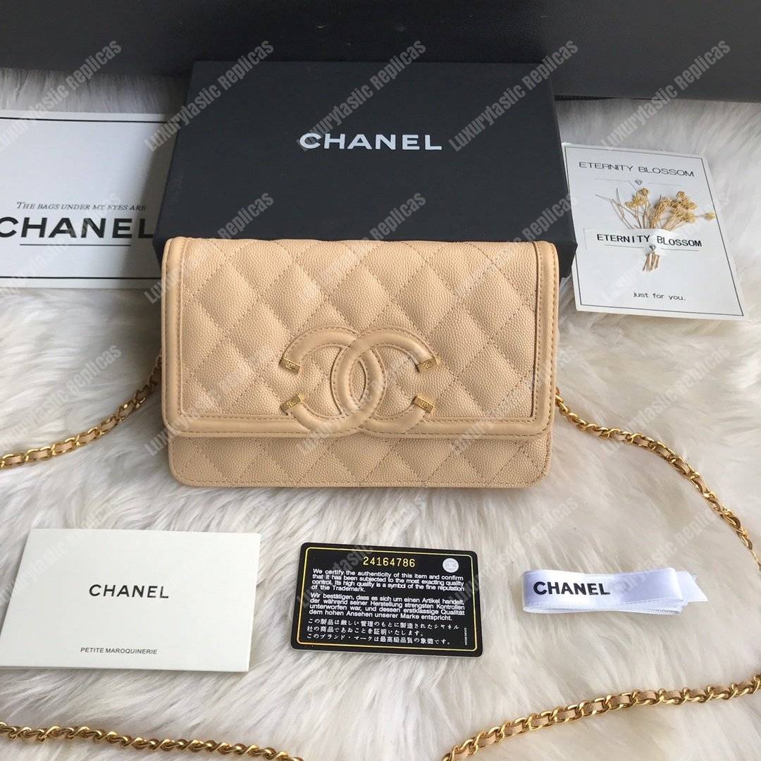 Ch*el wallet on chain – woc cc filigree beige grained calfskin