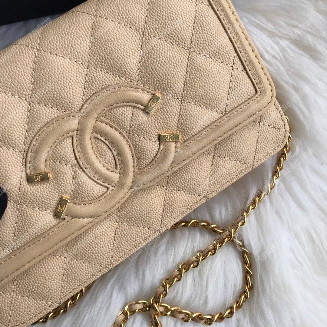 Ch*el wallet on chain – woc cc filigree beige grained calfskin