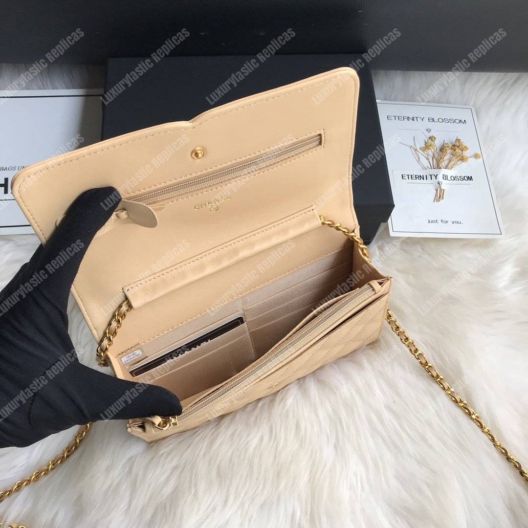 Ch*el wallet on chain – woc cc filigree beige grained calfskin