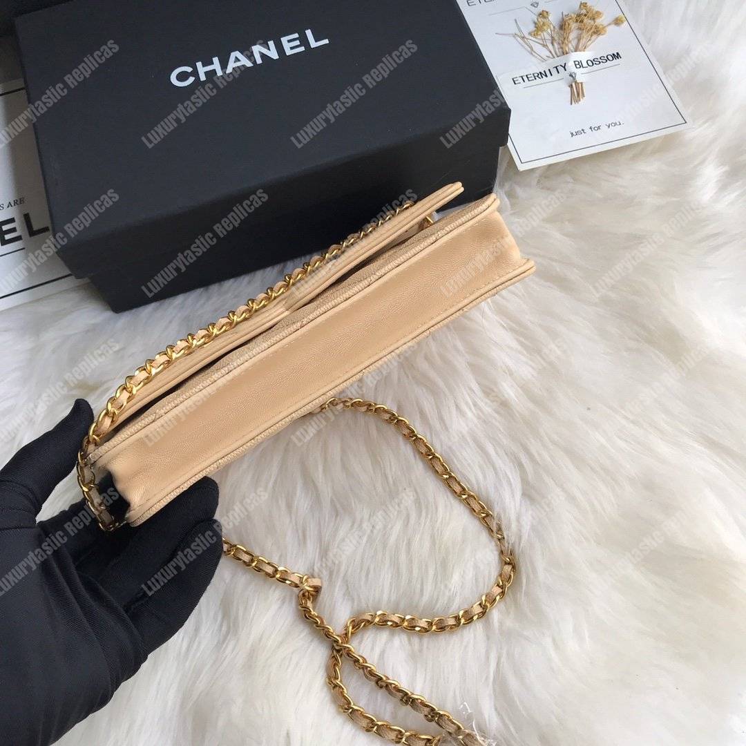 Ch*el wallet on chain – woc cc filigree beige grained calfskin