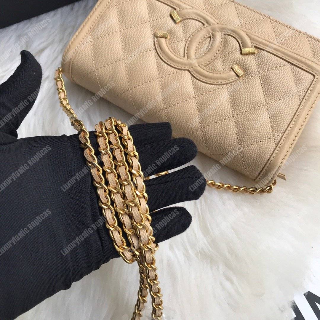 Ch*el wallet on chain – woc cc filigree beige grained calfskin
