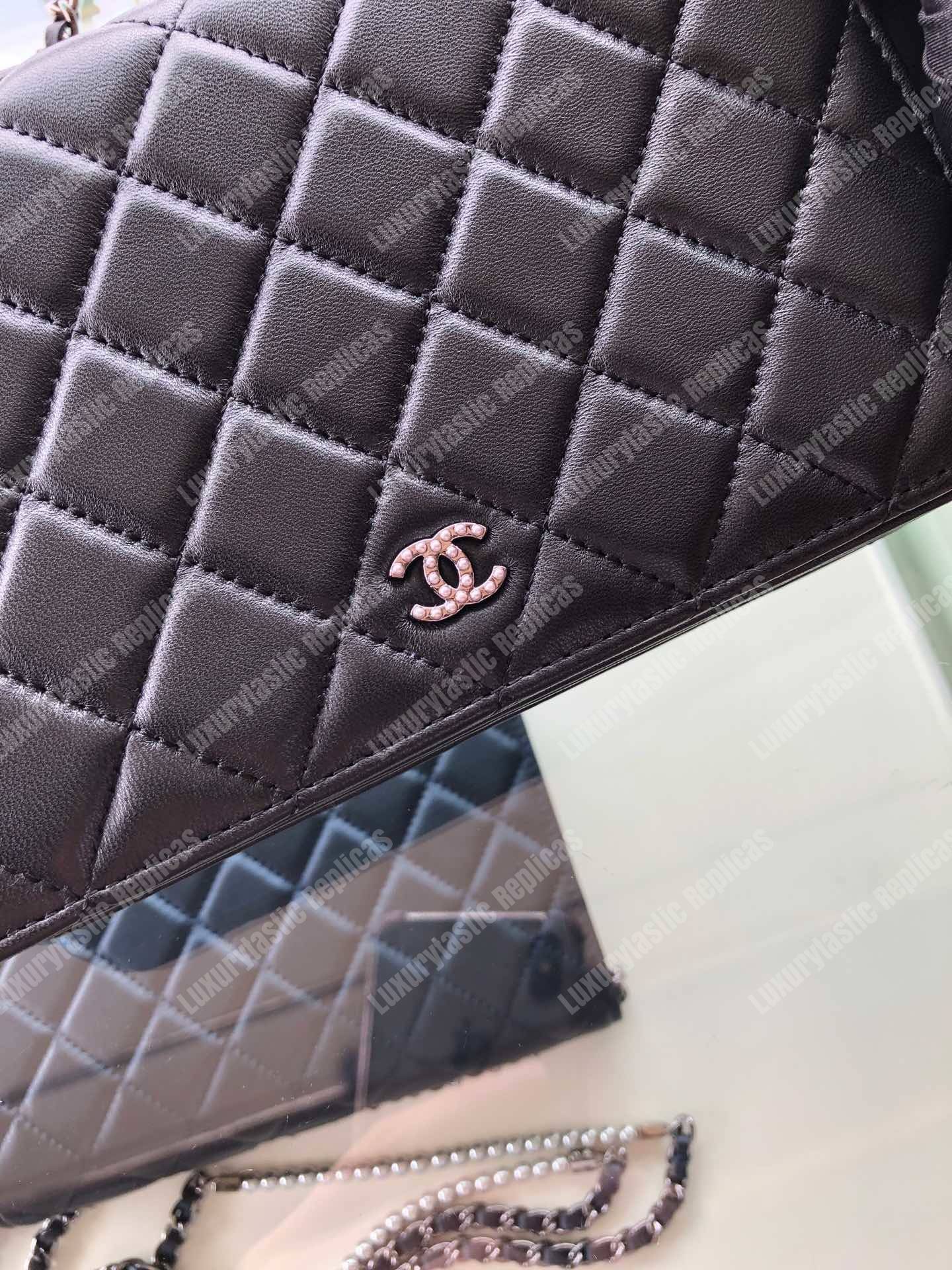 Ch*el pearl wallet on chain – woc classic black lambskin gold-toned