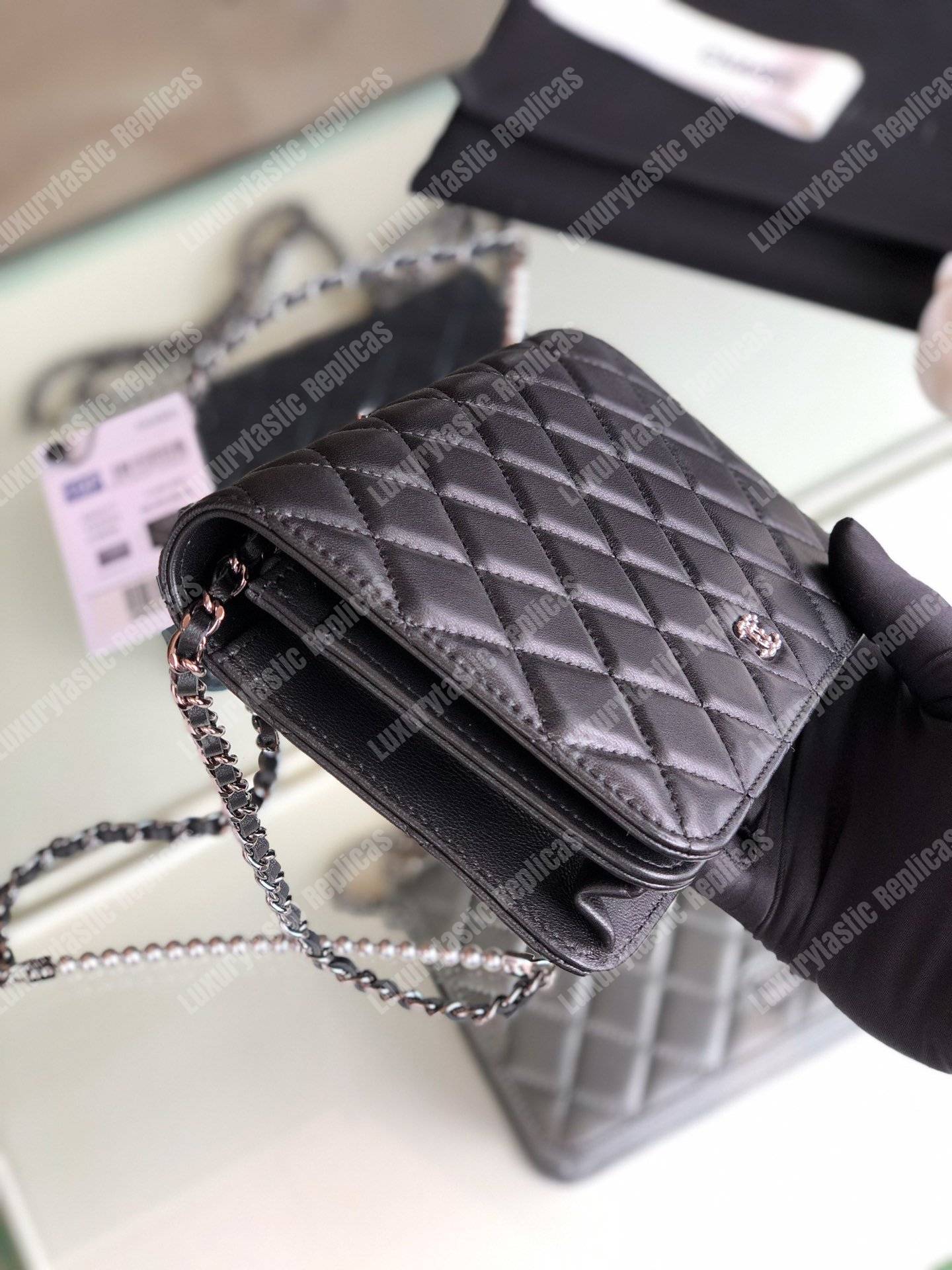 Ch*el pearl wallet on chain – woc classic black lambskin gold-toned