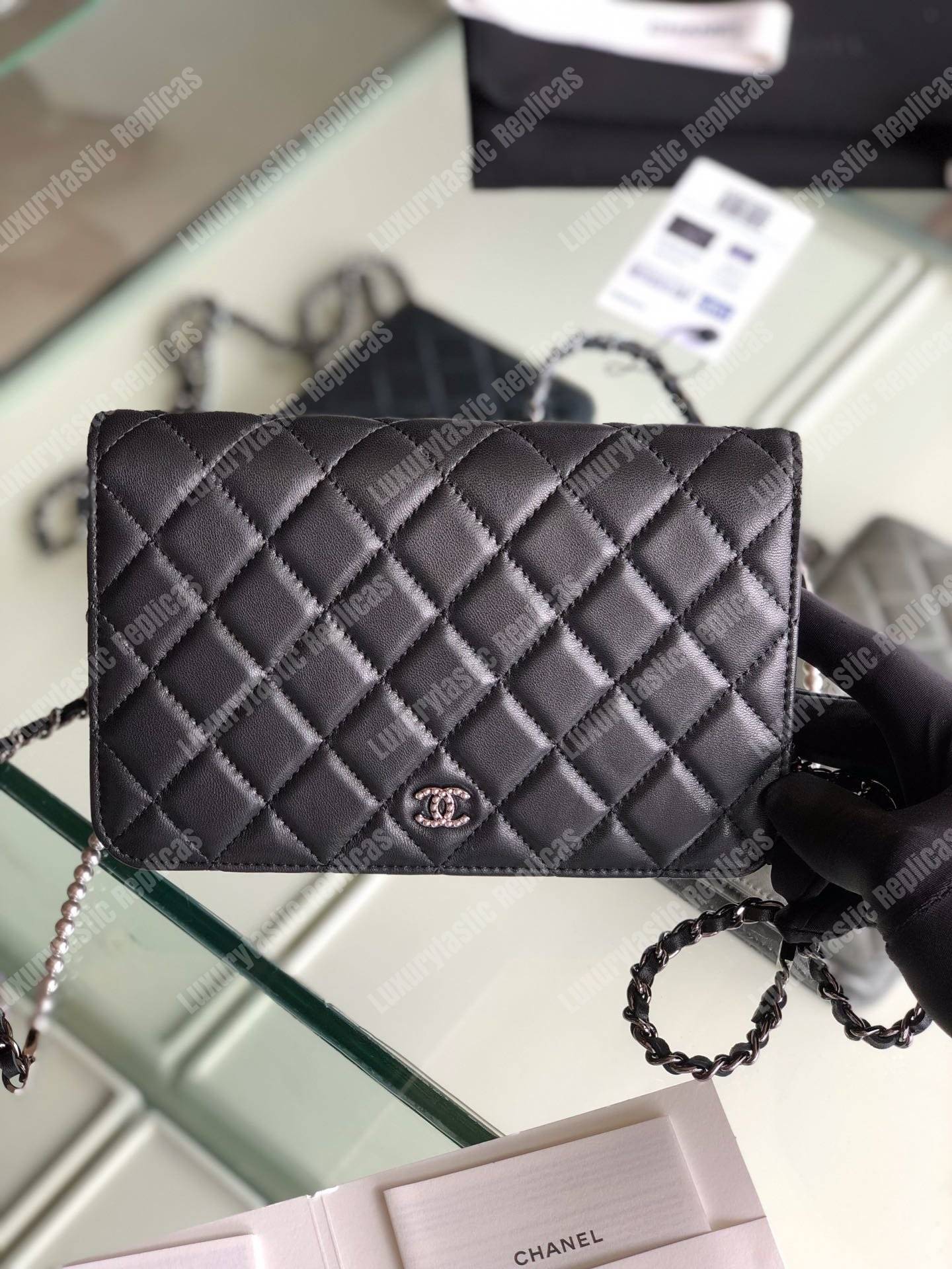 Ch*el pearl wallet on chain – woc classic black lambskin gold-toned