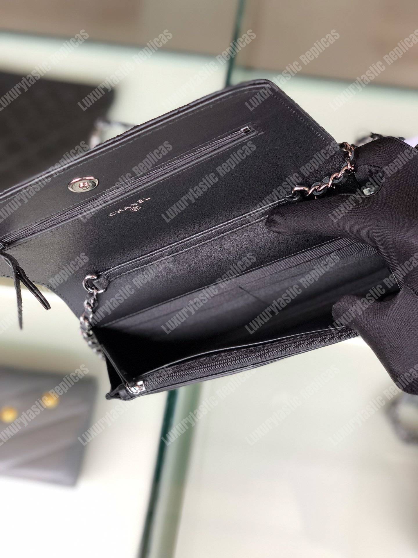 Ch*el pearl wallet on chain – woc classic black lambskin gold-toned