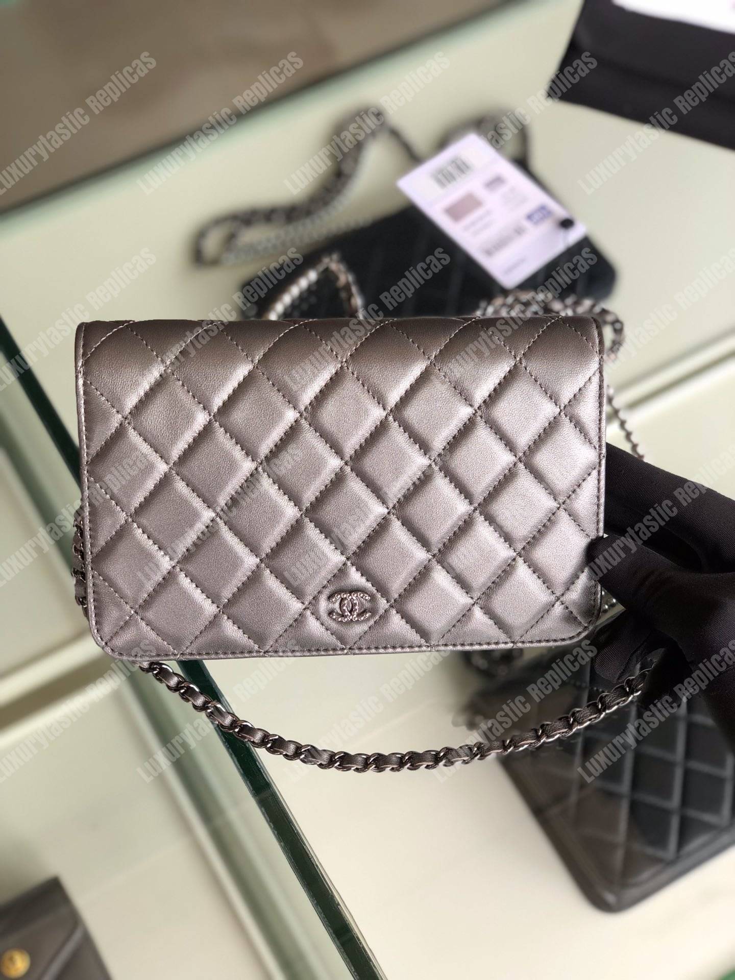 Ch*el pearl wallet on chain – woc classic silver lambskin gold-toned