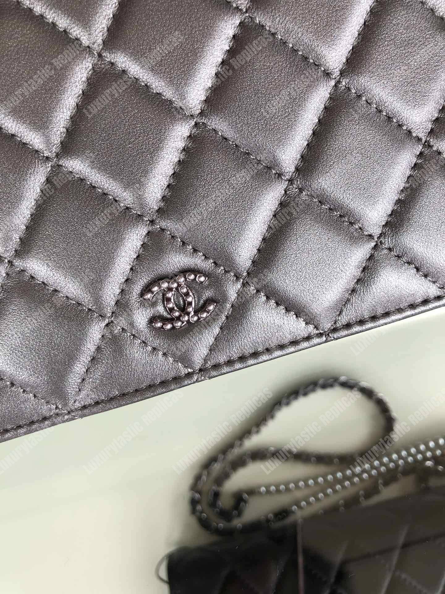 Ch*el pearl wallet on chain – woc classic silver lambskin gold-toned