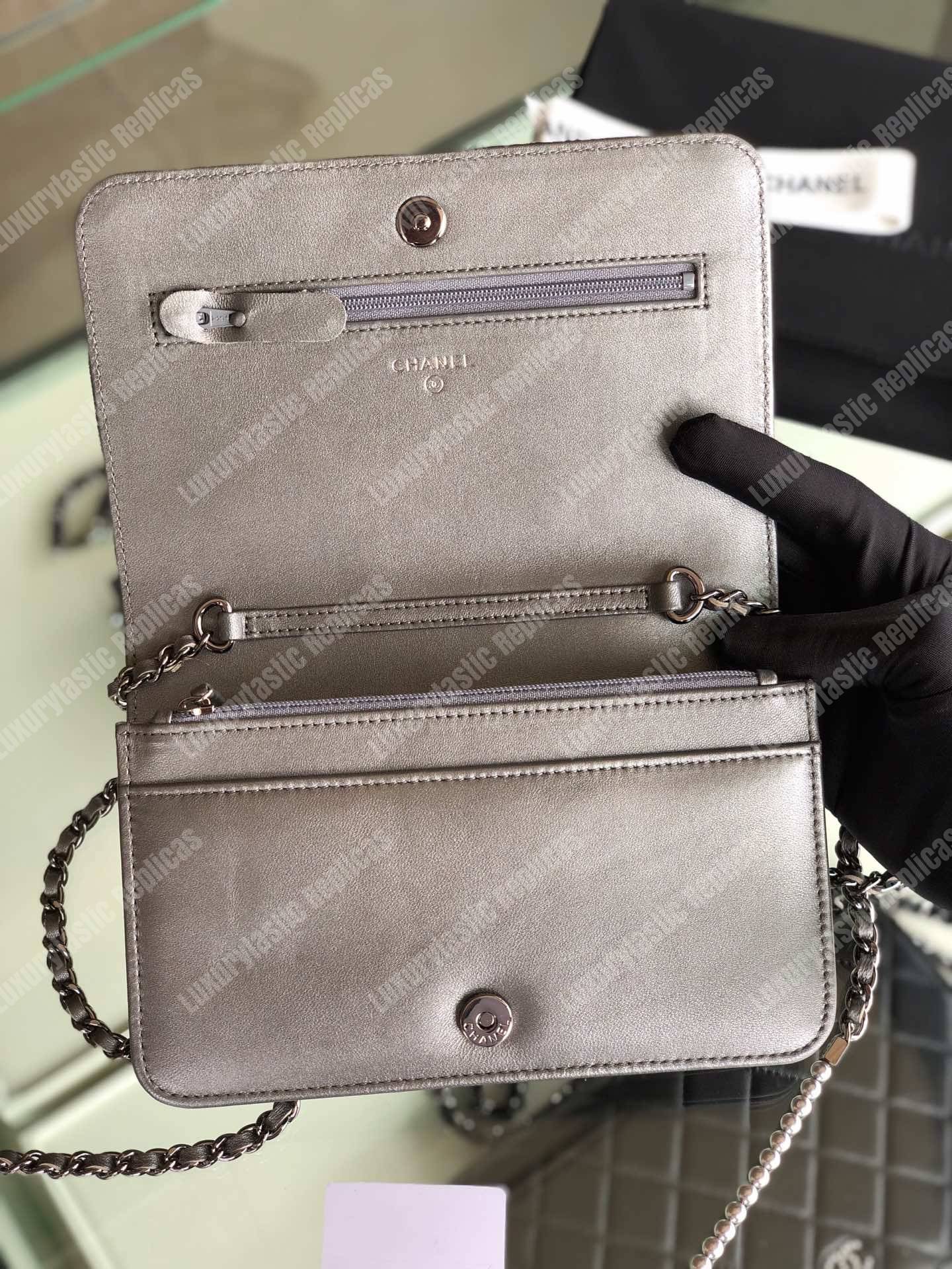 Ch*el pearl wallet on chain – woc classic silver lambskin gold-toned