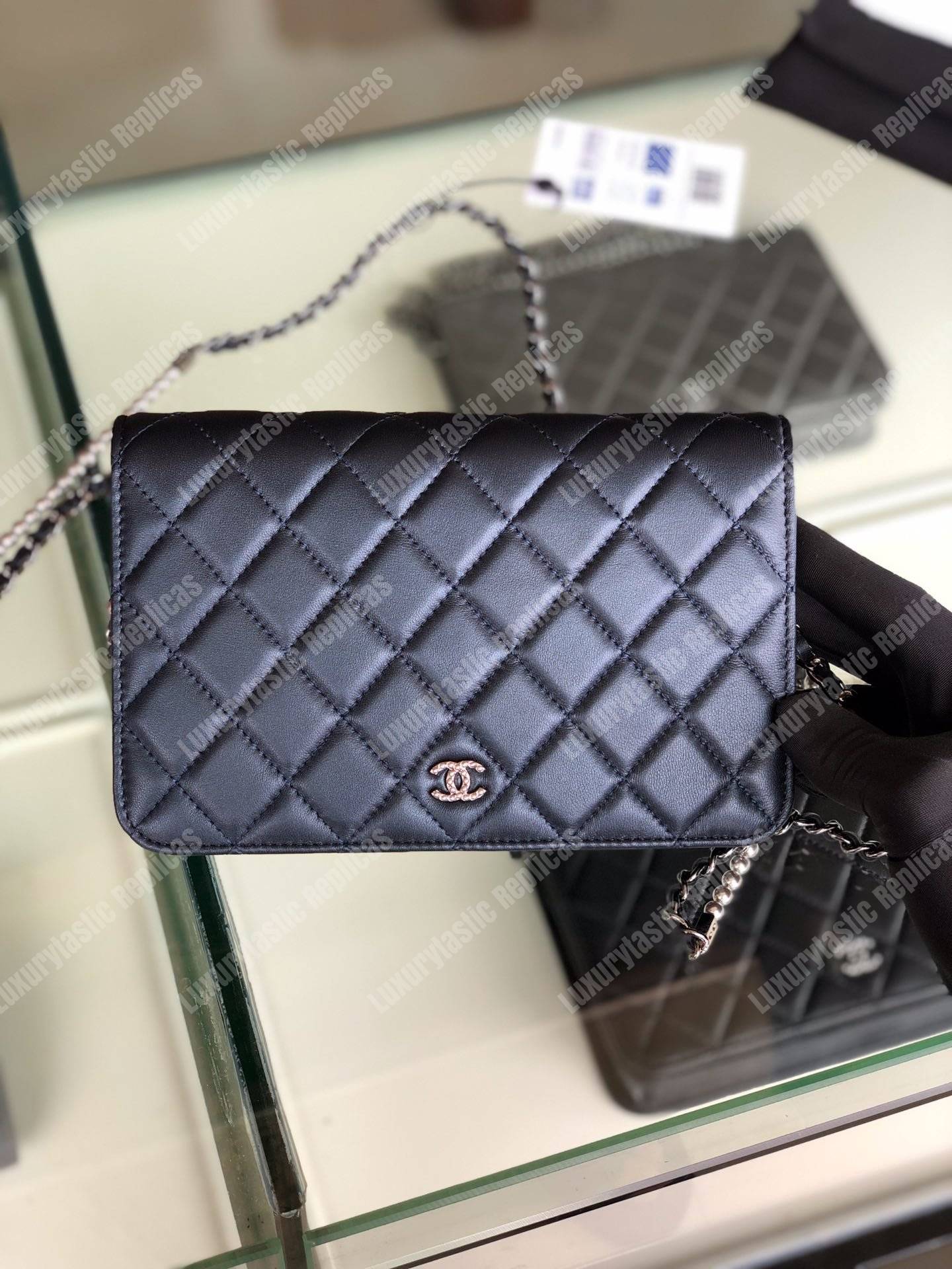 Ch*el pearl wallet on chain – woc classic navy blue lambskin gold-toned