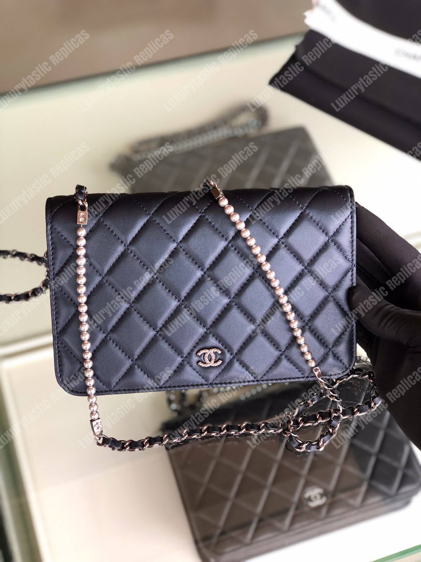 Ch*el pearl wallet on chain – woc classic navy blue lambskin gold-toned