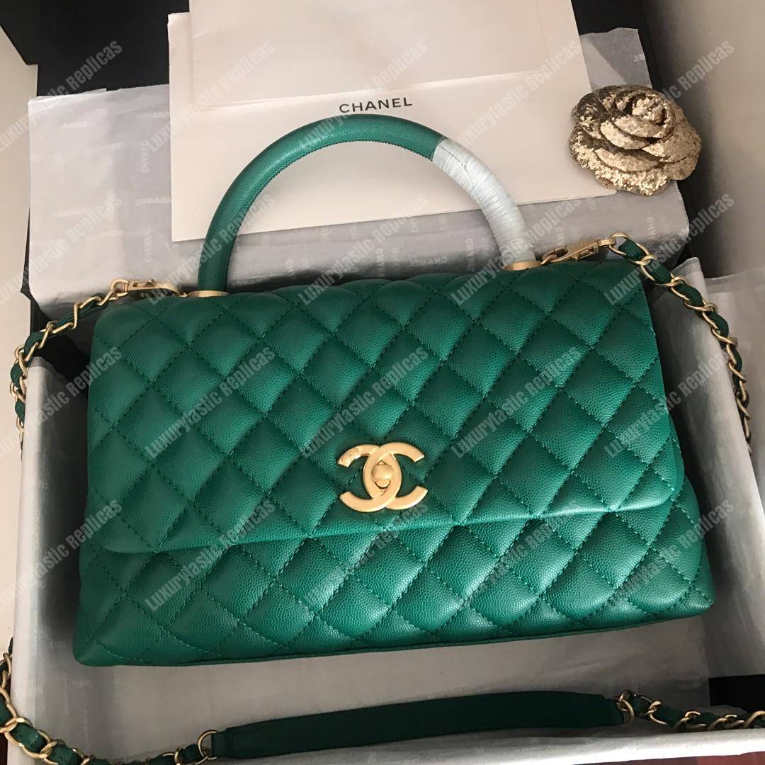 Ch*el flap bag with top handle green