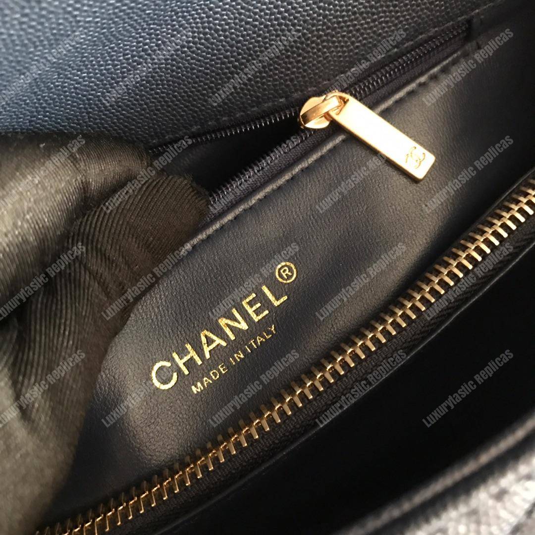 Ch*el flap bag with top handle navy blue
