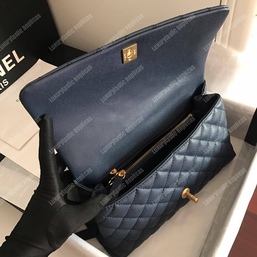 Ch*el flap bag with top handle navy blue