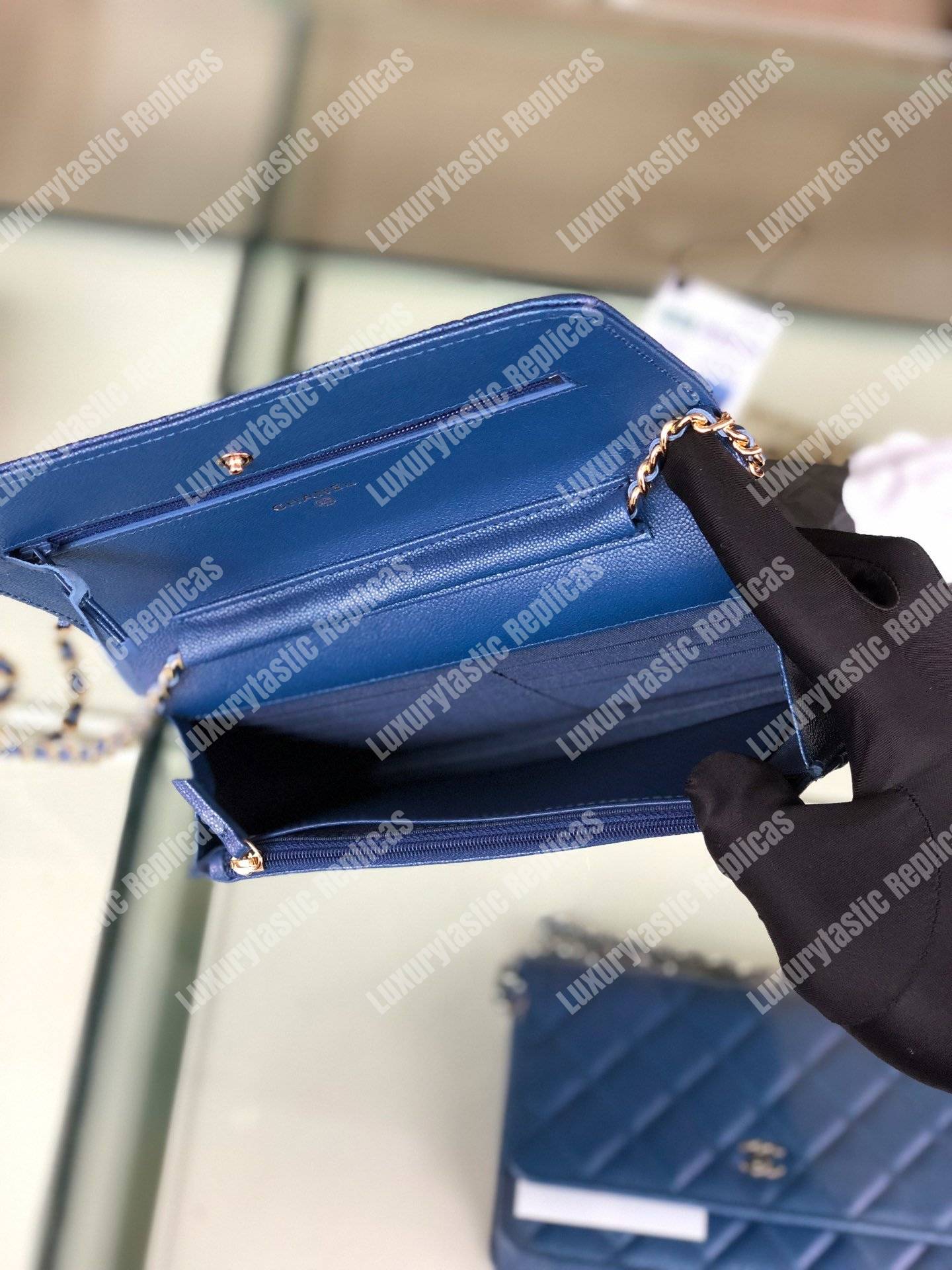 Ch*el wallet on chain – woc classic caviar gold-toned metal blue