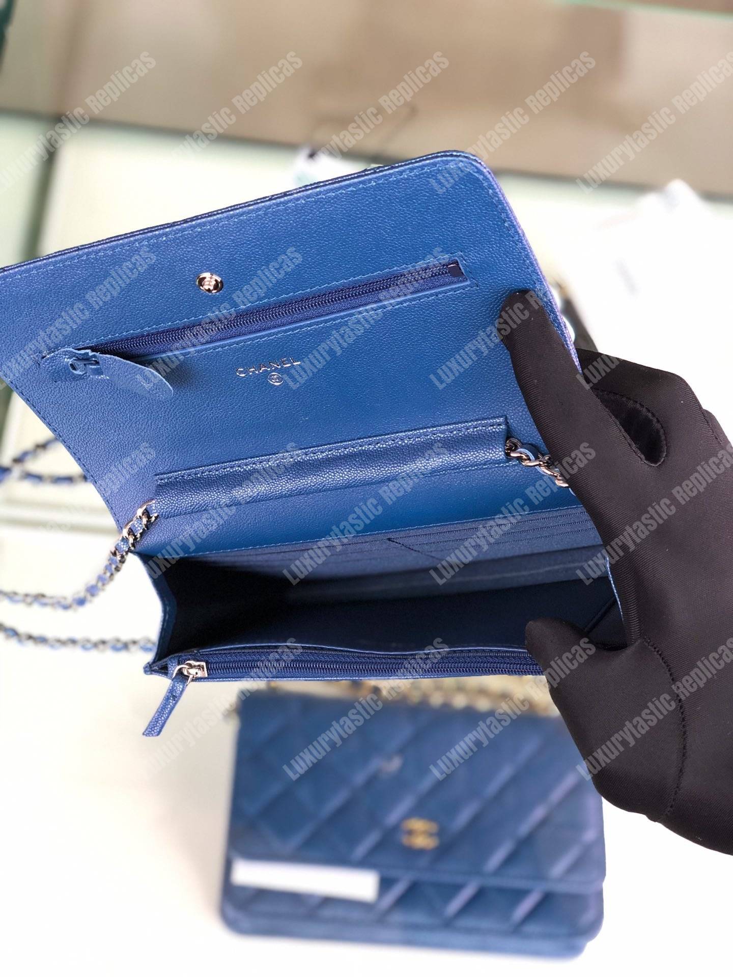 Ch*el wallet on chain – woc classic caviar silver-toned metal blue