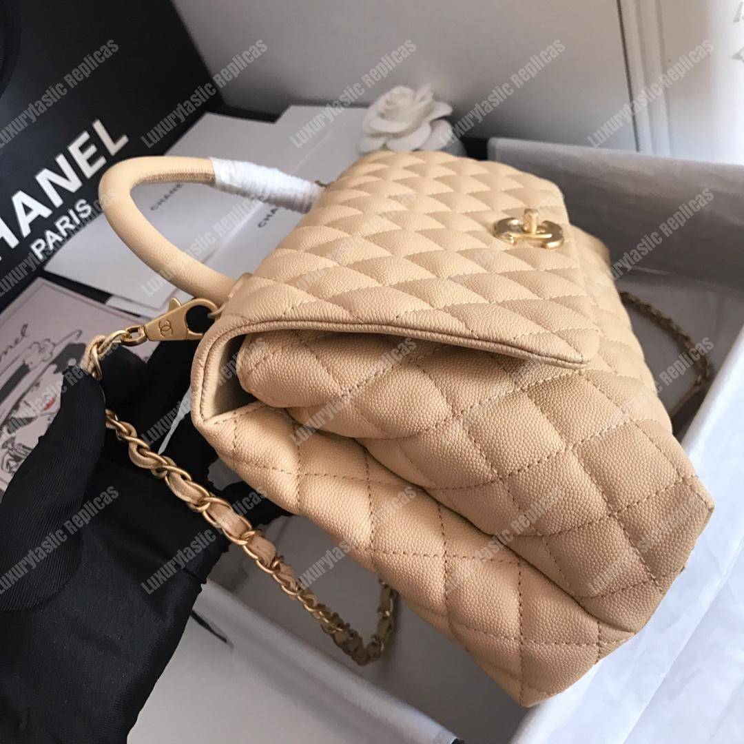 Ch*el flap bag with top handle beige