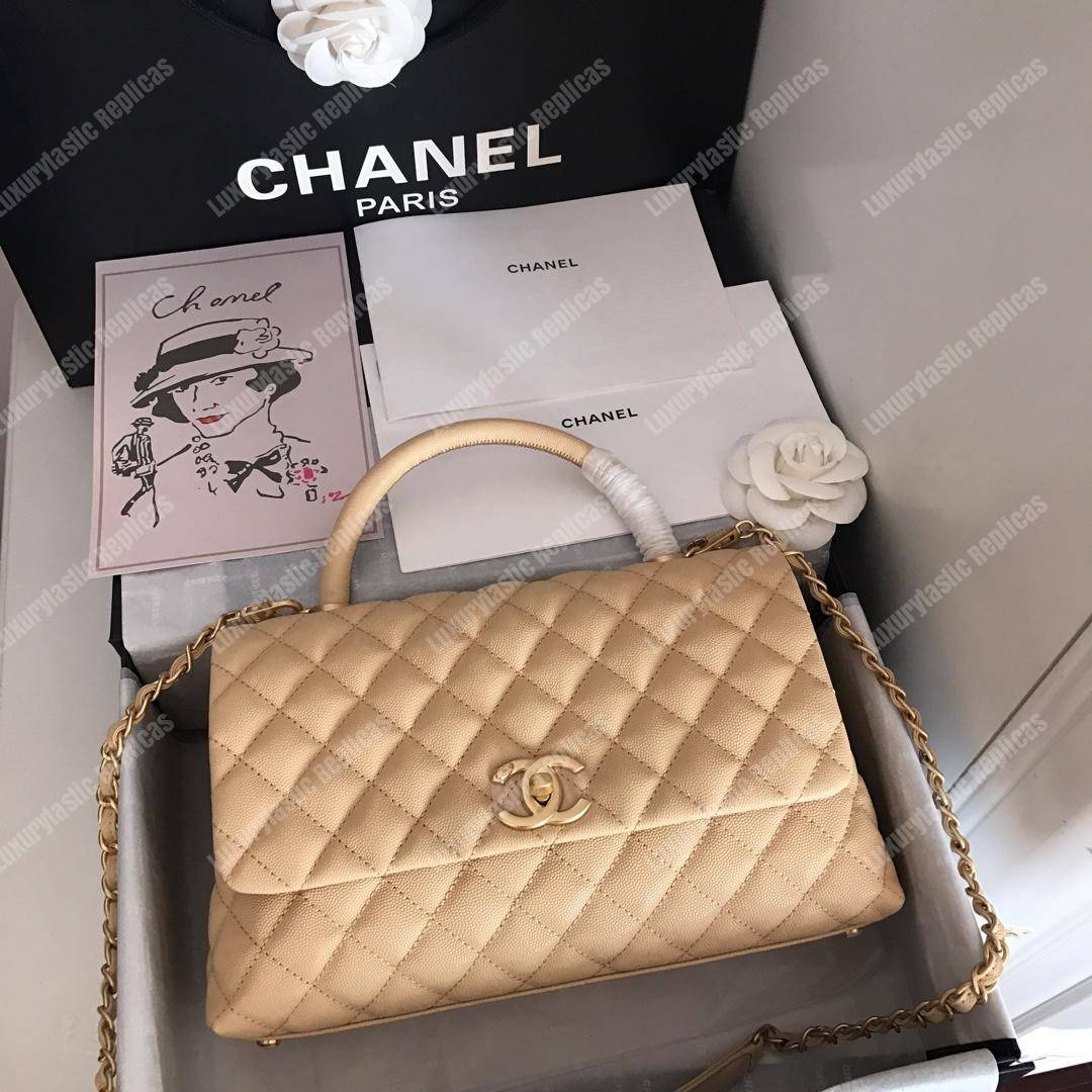 Ch*el flap bag with top handle beige