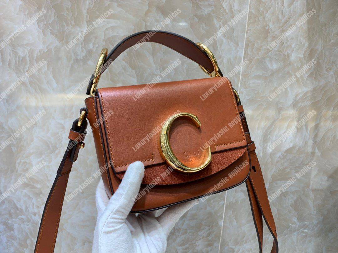 Chloe Mini Chloe C Bag In Shiny And Suede Calfskin Brown