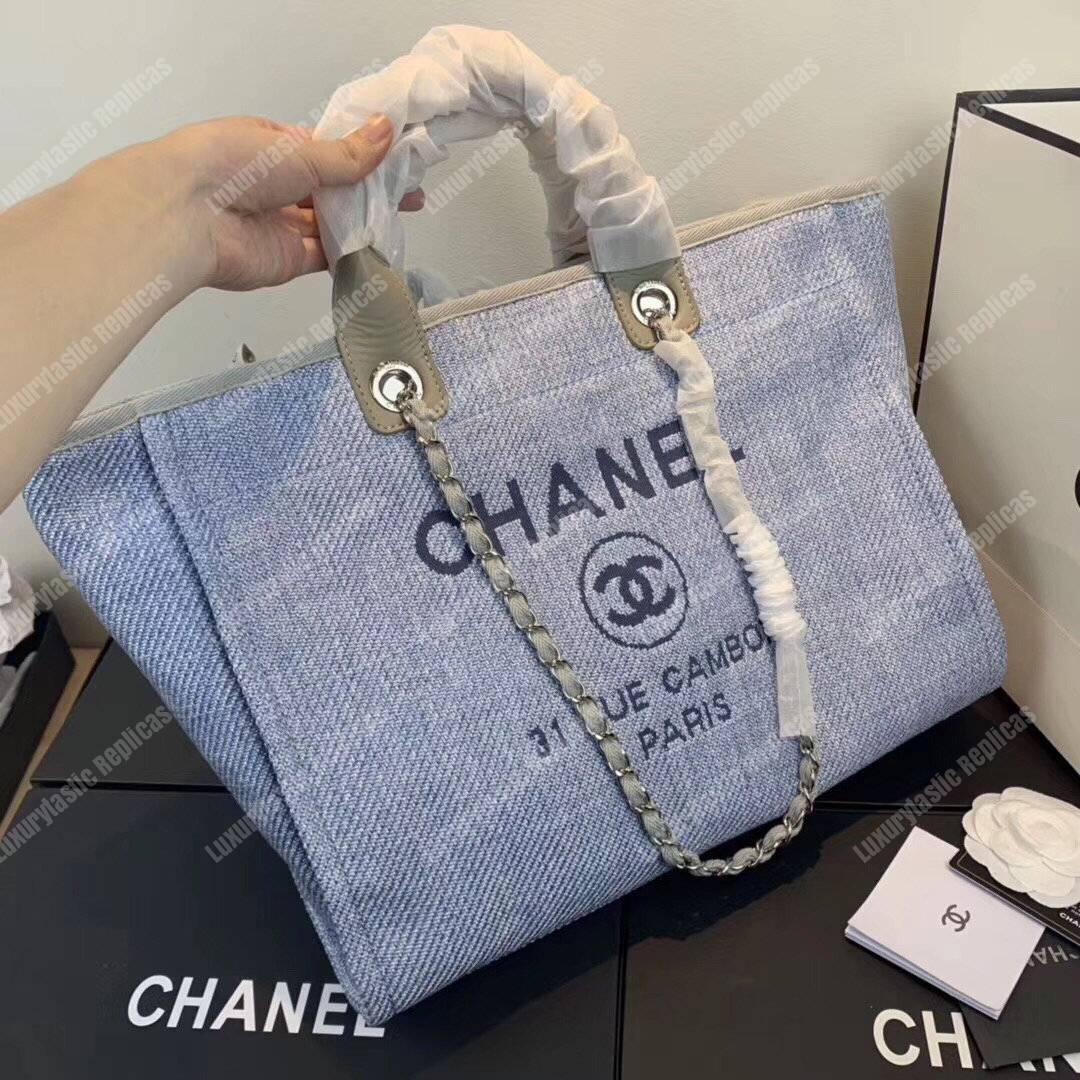 Ch*el deauville fabric tote seaglass/navy blue
