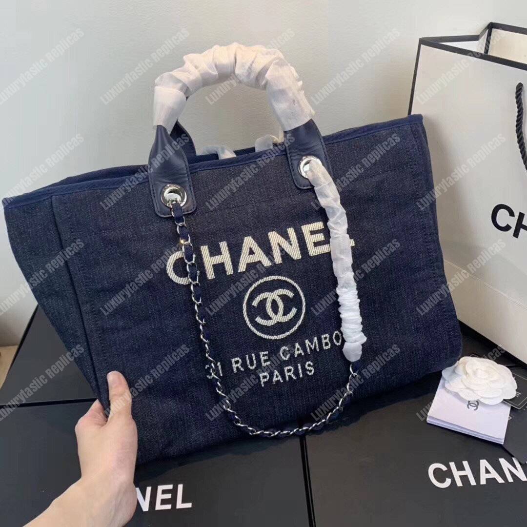 Ch*el deauville fabric tote blue/white