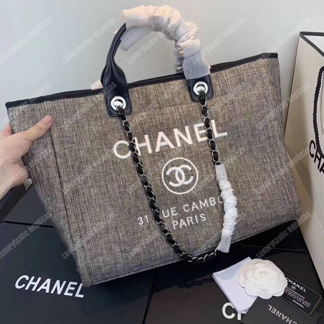 Ch*el deauville fabric tote gray/white