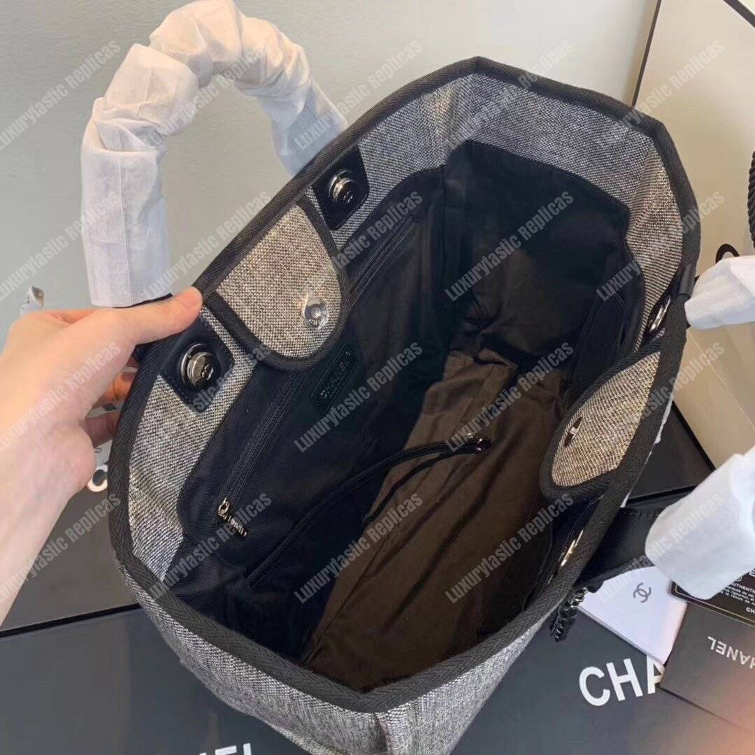Ch*el deauville fabric tote gray/white