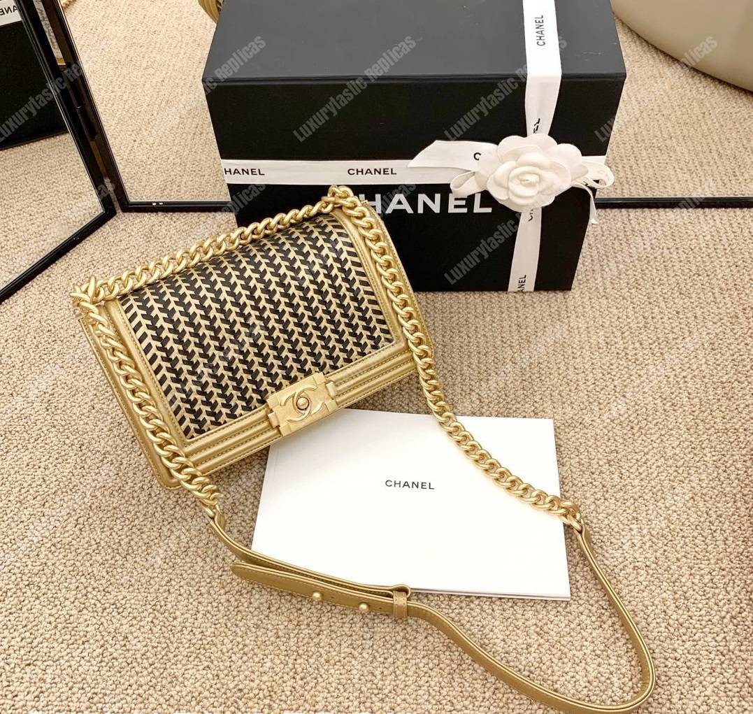 Ch*el boy medium handbag gold & black