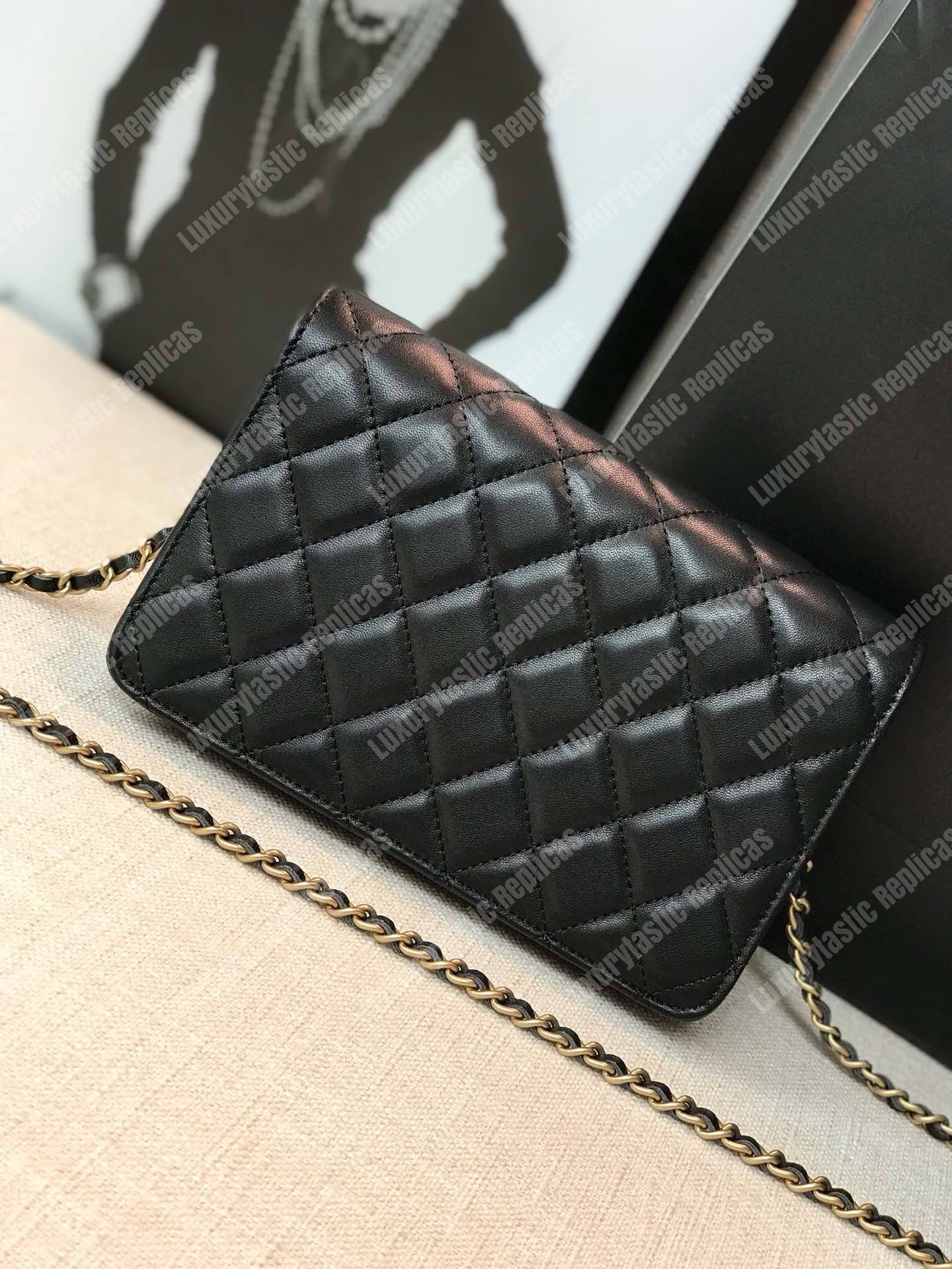 Ch*el wallet on chain – woc grained quilted calfskin black studded