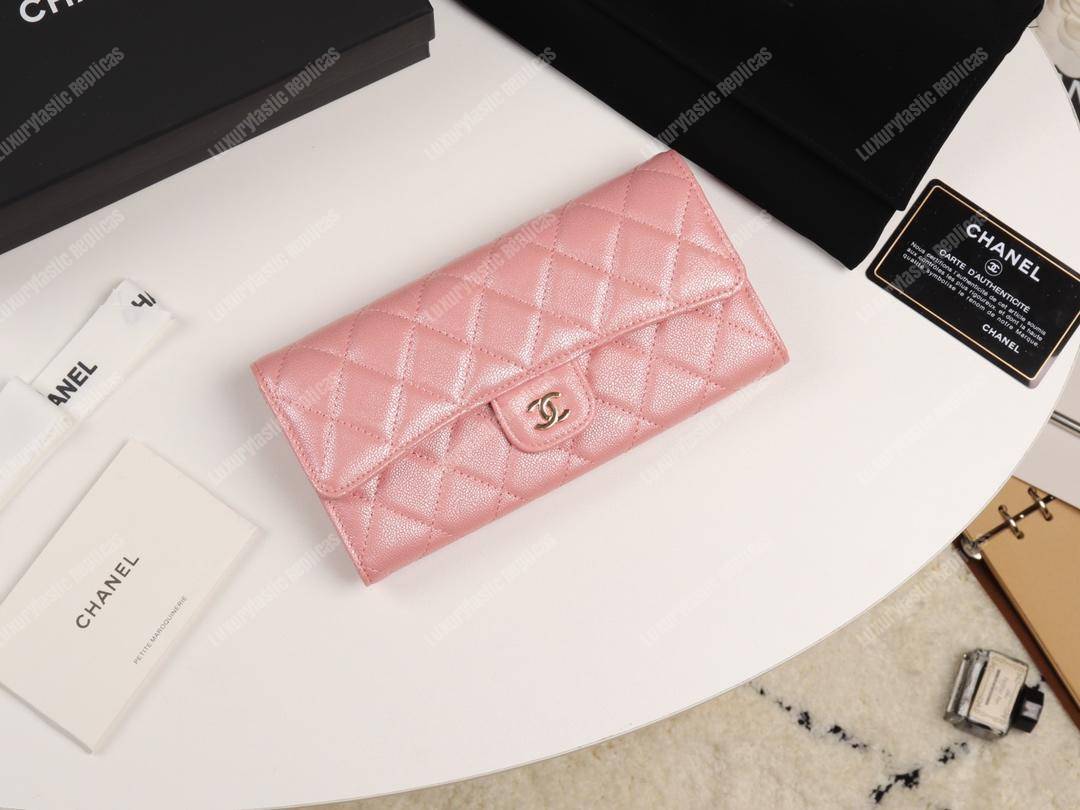 Ch*el classic long flap wallet pink