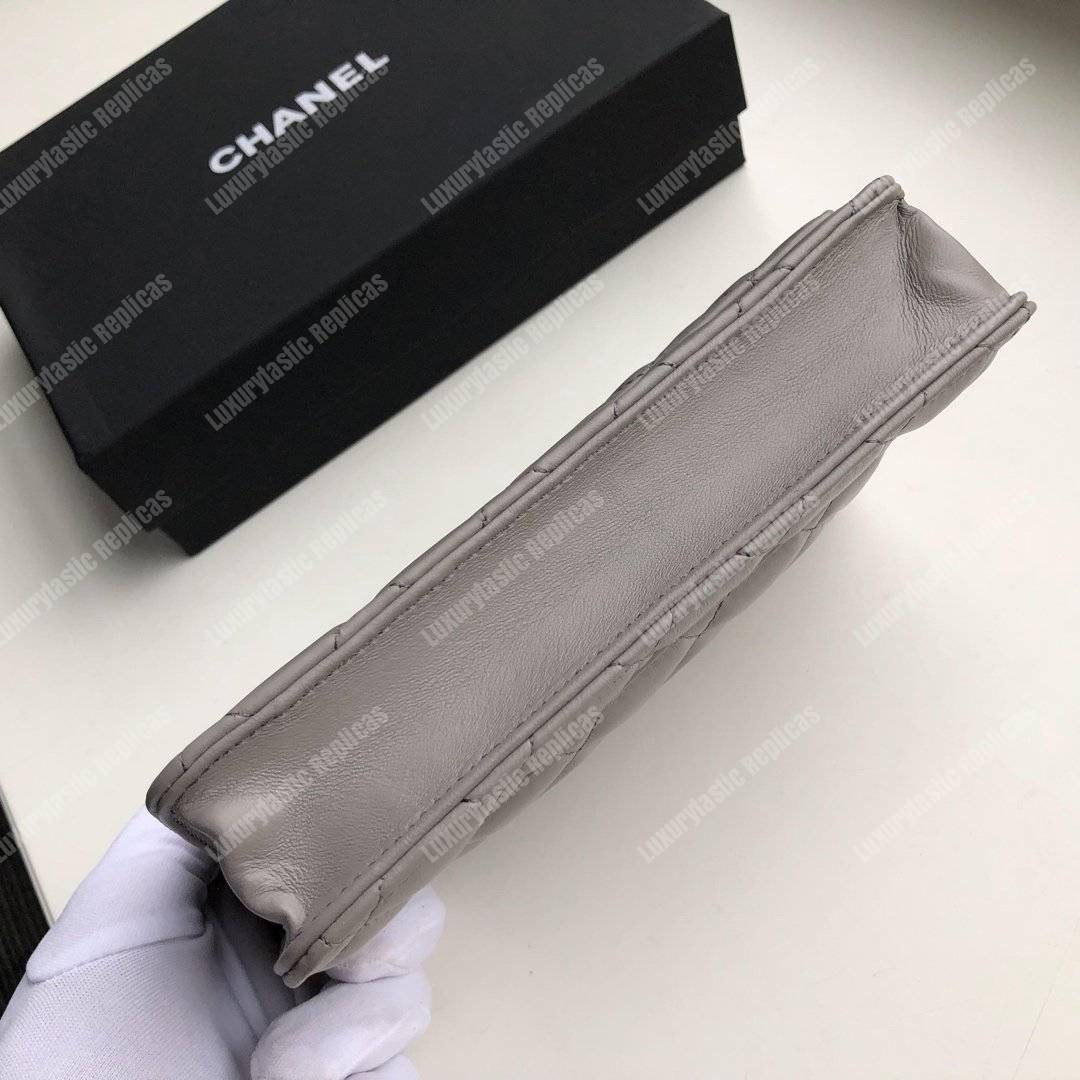 Ch*el wallet on chain – woc quilted lambskin grey silver-toned