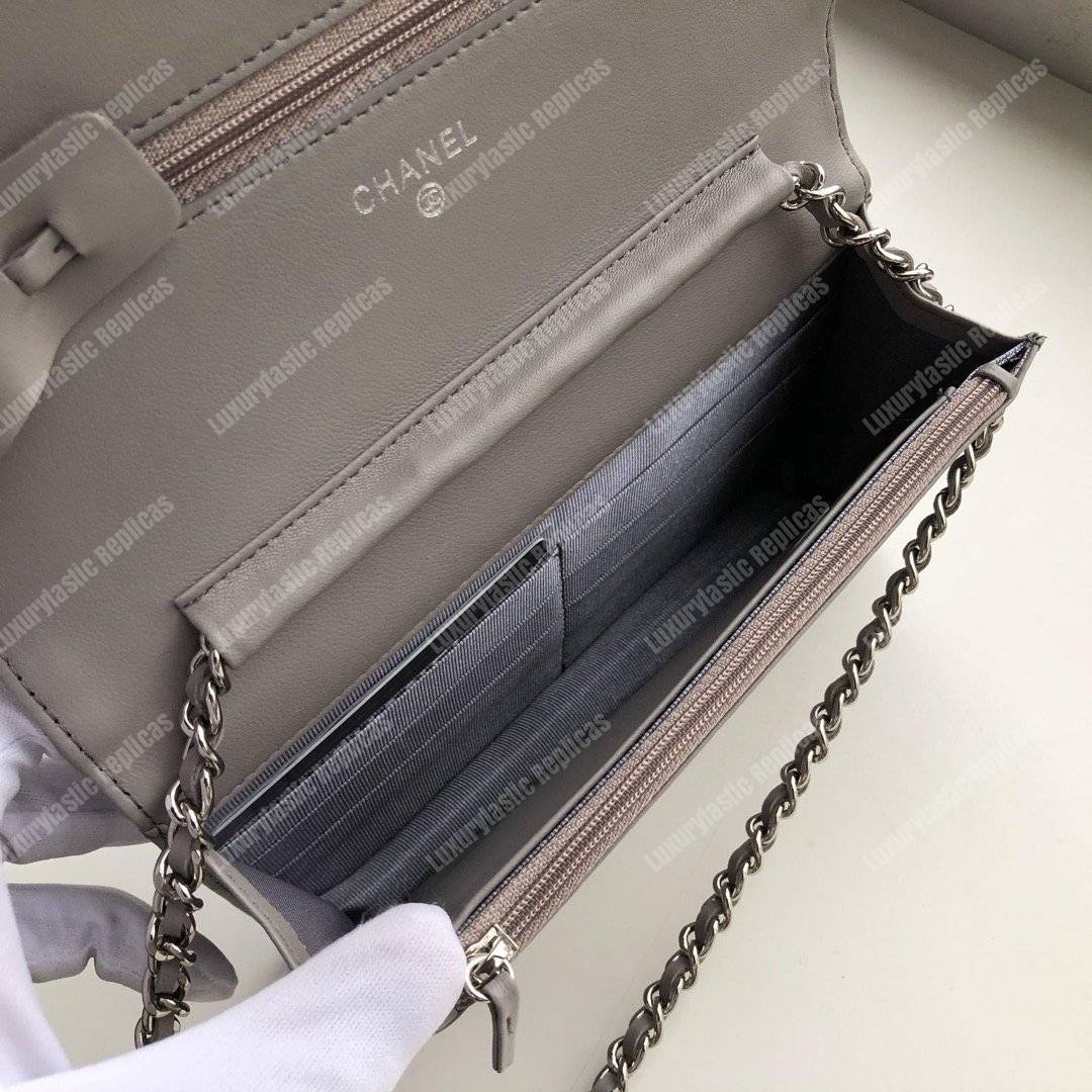 Ch*el wallet on chain – woc quilted lambskin grey silver-toned