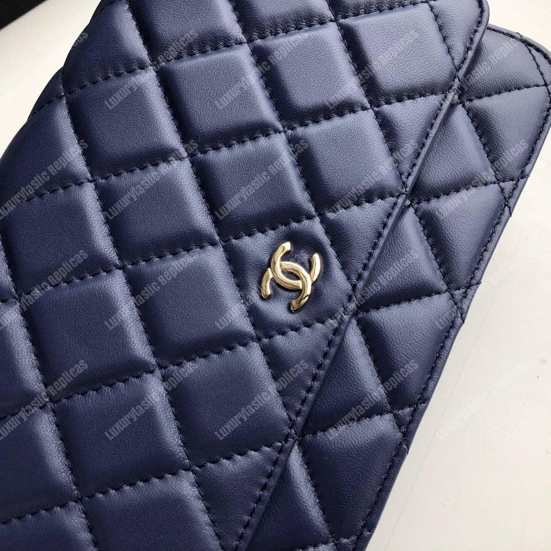 Ch*el wallet on chain – woc quilted lambskin dark blue gold-toned